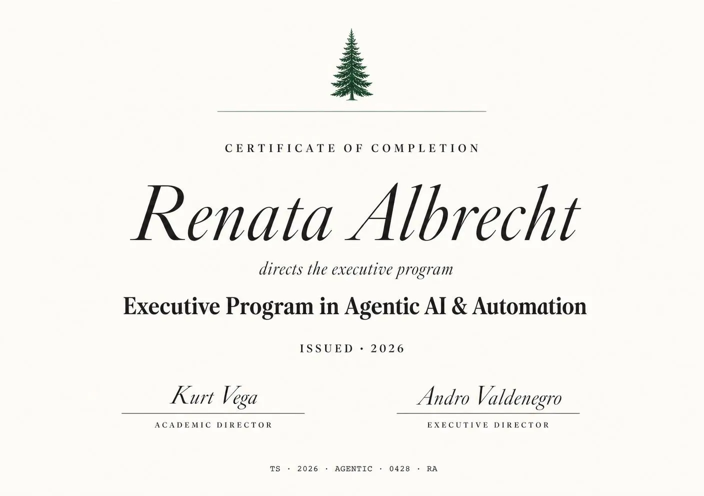 Diploma Tree Studio · AI Agéntica y automatización empresarial · Dirigido por Renata Albrecht