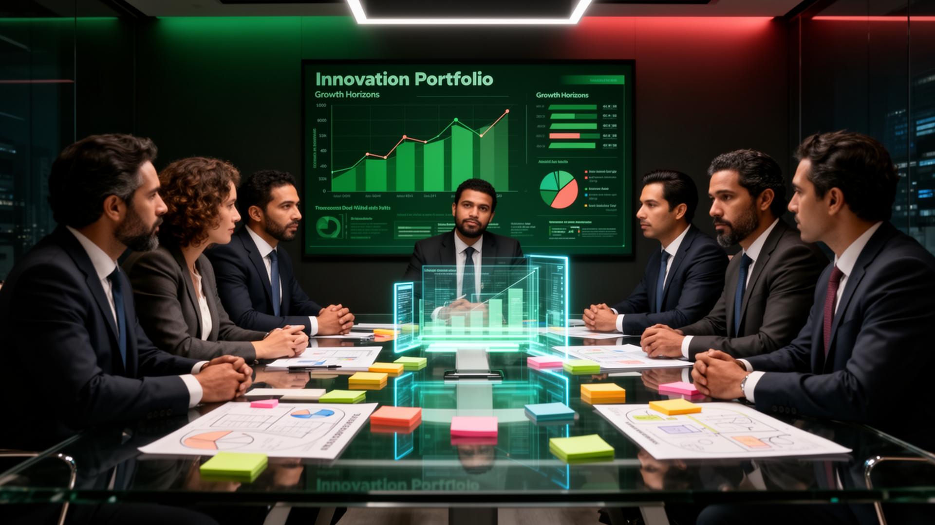 Sesión ejecutiva de innovación corporativa con C-Level analizando portafolio de proyectos por horizonte de crecimiento