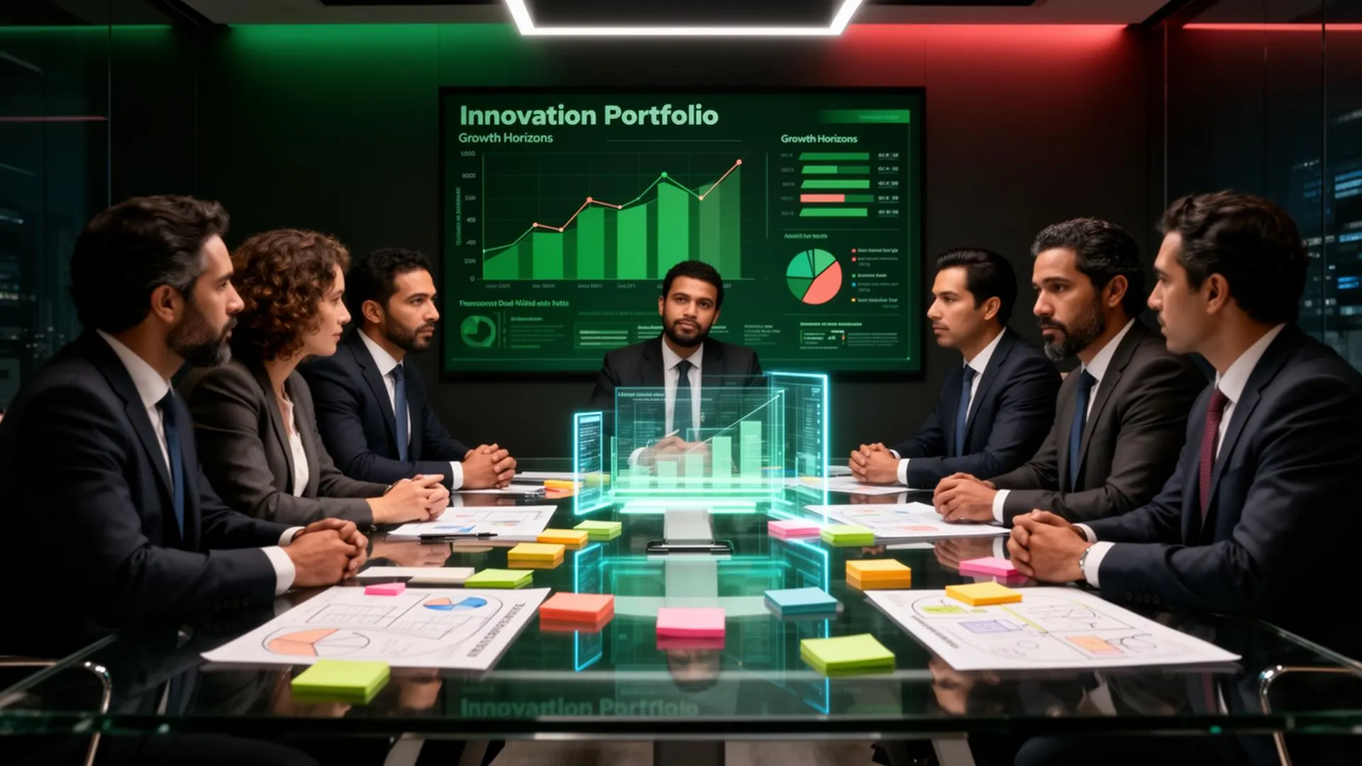 Sesión ejecutiva de innovación corporativa con C-Level analizando portafolio de proyectos por horizonte de crecimiento