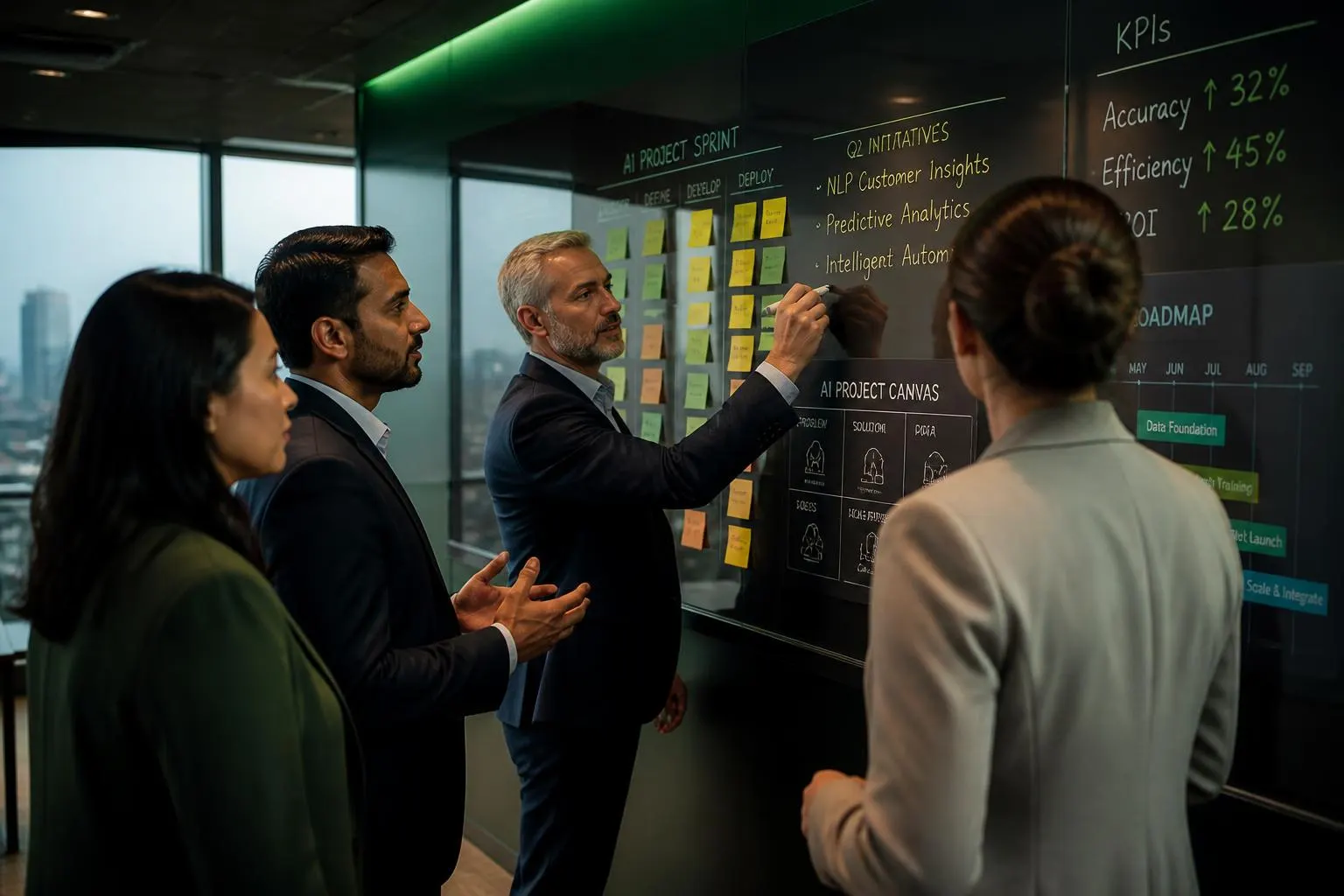 Ejecutivos liderando un sprint de proyecto AI